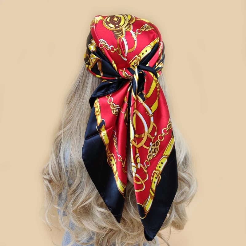 

Head Scarf Women Luxury Brand Square 90*90cm Silk Foulard Satin Bandana Cheveux Soft Neckerchief Hijab Hair Scarves For Ladies