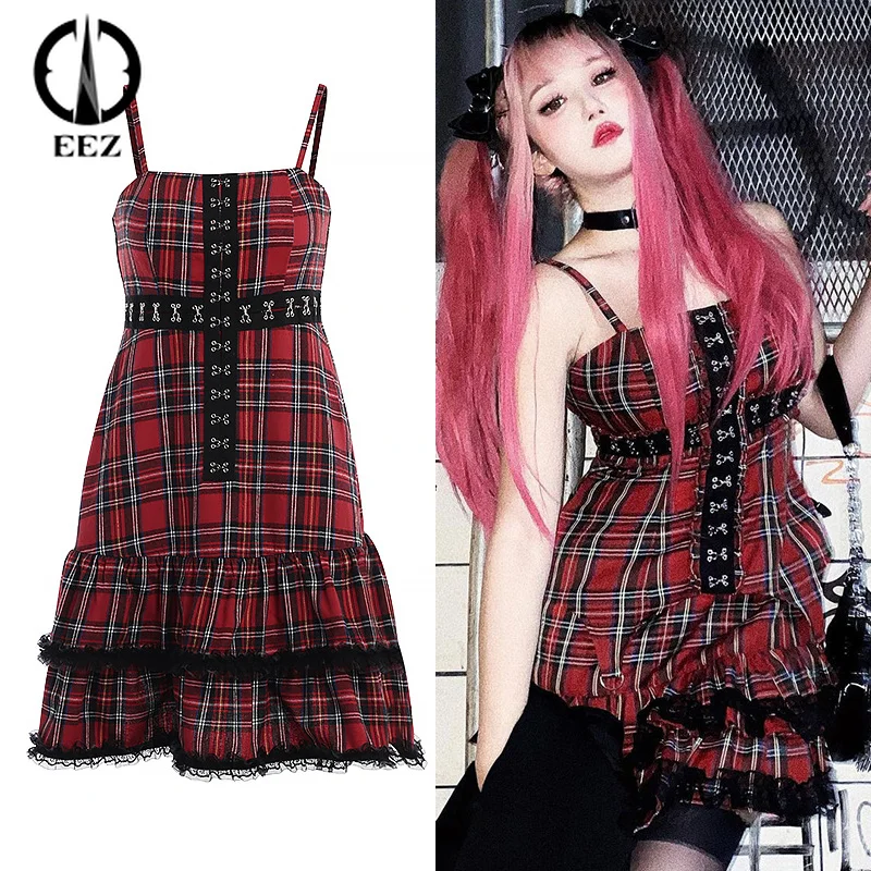 

Punk Suspenders Red Plaid Dress For Women Japanese Harajuku Summer Streetwear Sundress Gothic Layered Lace Ruffles Lolita Dress