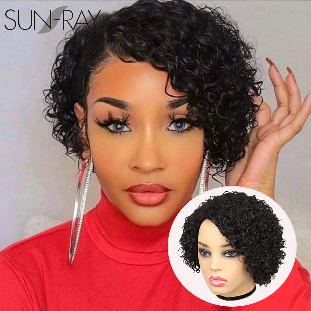 

Short Curly Wigs Pixie Cut Human Hair Wigs For Women Remy Hair Glueless Cheap Side Part Machine Human Wigs Natural Black Brown
