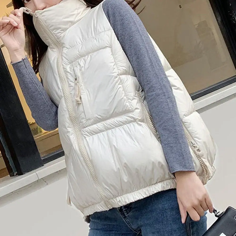 

Winter Woman Down Cotton Short Vest Coat Solid Stand Colloar Sleeveless Jacket Plus Size Waistcoat Korean Style Gilet Femme 2021