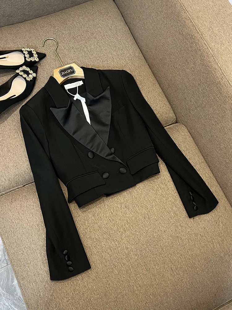 

2023 Spring New Coat Long Sleeve Basic Solid Double-breasted Women Black Jacket Office Lady Short Blazer