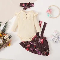 Hibobi Design 3Pcs Suits Baby Girl Long Sleeve Jumpsuit & Floral Pattern Suspender Skirt & Bow Headband Autumn Romper