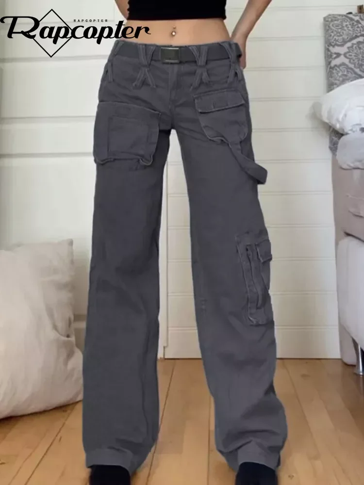 

Rapcopter y2k Vintage Grey Cargo Jeans Ppockets Zipper Bandage Solid Trousers Fashion Baggy Streetwear Sweatpants Women Korean
