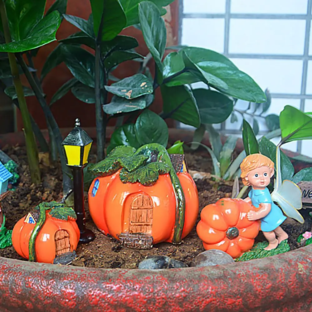 

Pumpkin Shape Houses With Door Fairy Garden Miniature Bridge Bonsai Ornament Scenery Making Creative Design Resin Craft