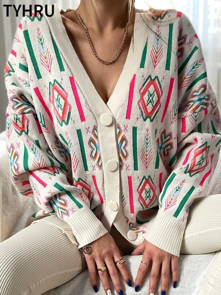 

Женский вязаный свитер TYHRU, однобортный Свободный кардиган на пуговицах в национальном стиле с геометрическим рисунком