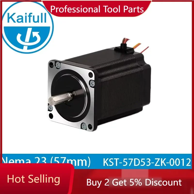 Фото Гибридный шаговый двигатель Kaifull NEMA 23, DC24V, 57 мм, 1.8, 4А, 1.8Нм, модель KST-57D53-ZK-0012, двойной вал, вал 10 мм, 2-фазный, резьба M5. №1