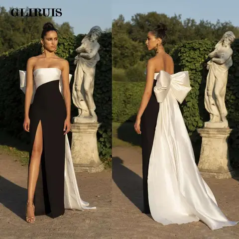 Simply Black And White Evening Dress Straight Floor Length Sexy Split Long Formal Occasion Dresses Back Bow Prom Party Gown