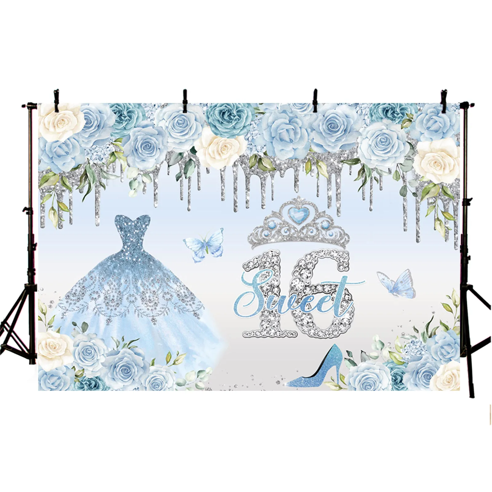 Сладкий 16 День Рождения Фон Цветы Блестящие Платья Бриллиантовая Корона Сладкие