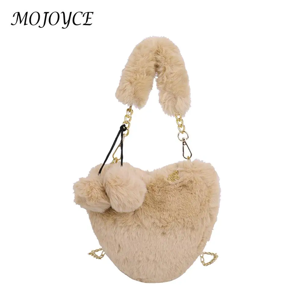 

Elegant Women Shoulder Bag Plush Solid Color Heart Shape Underarm Bag Ladies Daily Travel Chain Zipper Mini Fashion Handbags