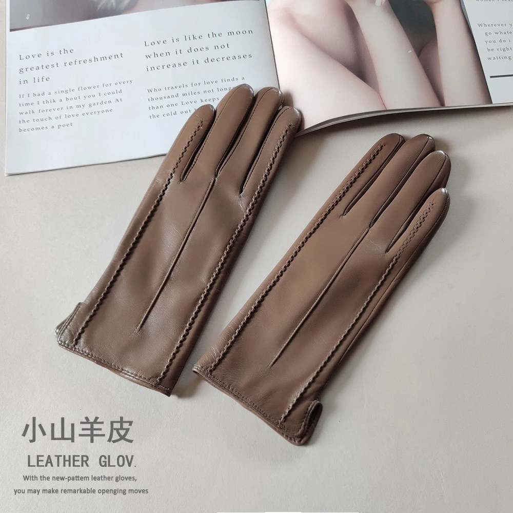 Spanish suede leather gloves women's thin touch screen winter warm driving plus velvet riding hand windproof