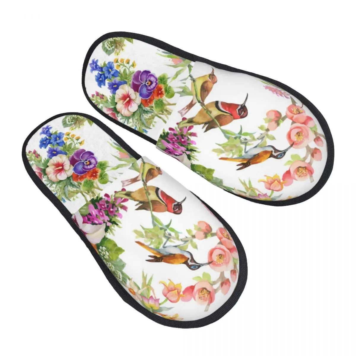 

Winter Slipper Woman Man Fashion Fluffy Warm Slippers Watercolor Wild Birds Flowers House Slippers Funny Shoes
