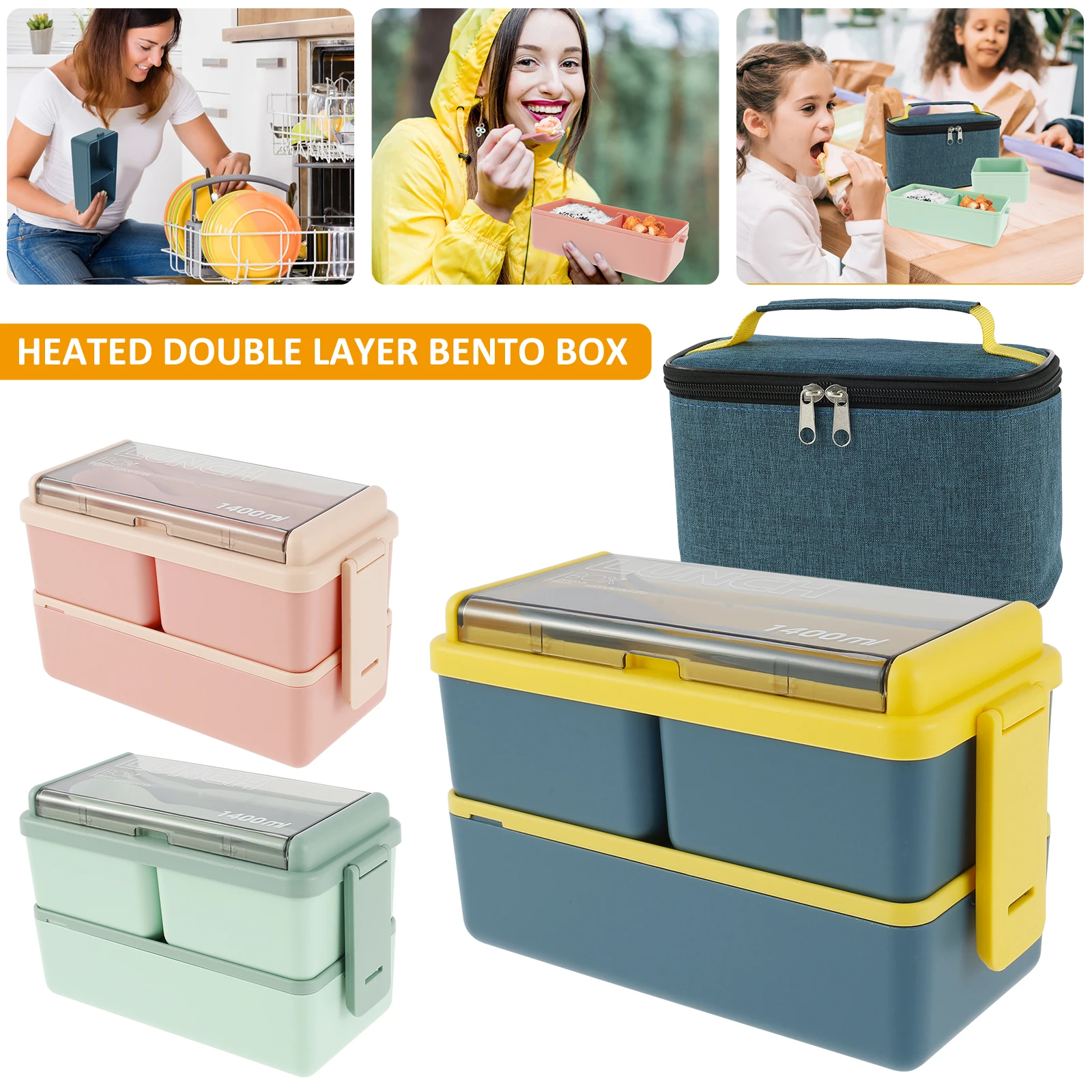 

1400ml Lunch Box with 3 Compartments 2-Layer Leak Proof Bento Box with Insulated Bag and Cutlery Lunch Meal Container for Adults