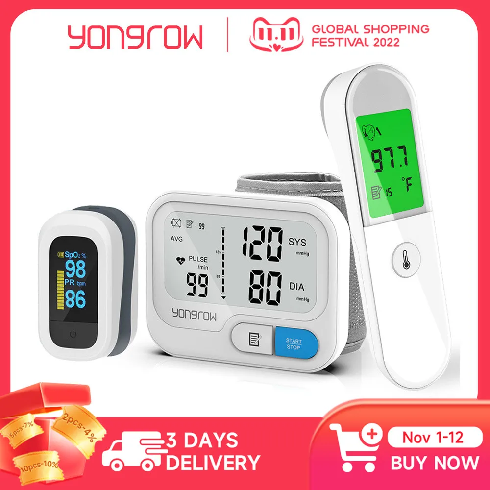 

Yongrow Wrist Medical Digital Blood Pressure Monitor Sphygmomanometer Finger Pulse Oximeter Body Thermometer Temperature Gun