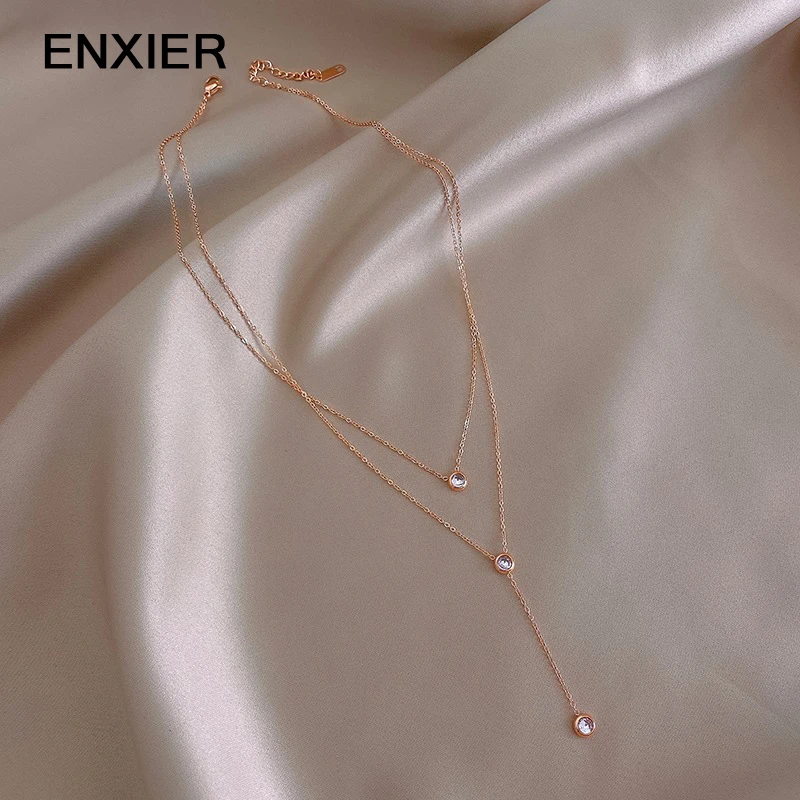 

ENXIER New Geometric Round Zircon Pendent Necklace For Women 316L Stainless Steel Clavicle Chain Fashion Female Party Jewelry