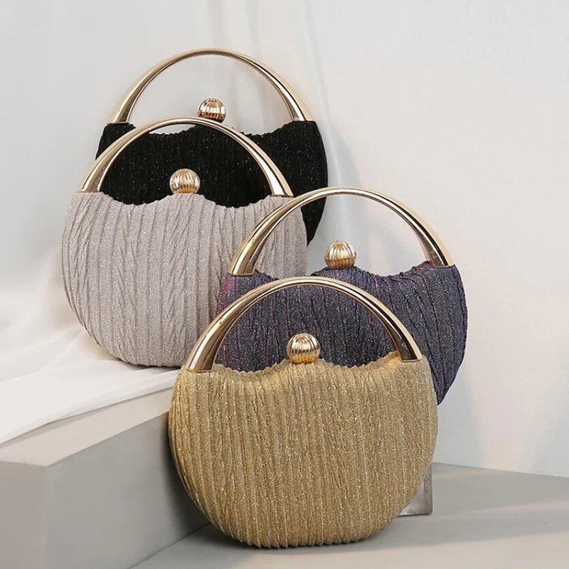 

Round Pleated Clutches Luxury Handbags For Women Elegant Wedding Shoulder Bag Gold Party Evening Bags silver small Purse B447