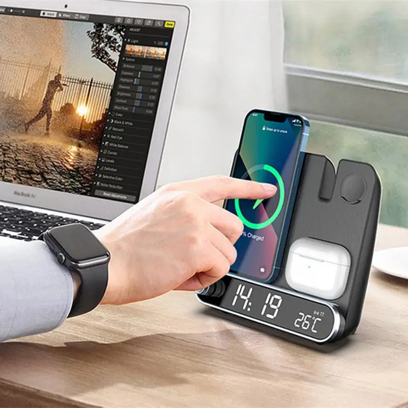 3-in-1 15W Foldable Holder Multifunctional Desktop Mobile Phone Watch Black Stand Two-way Magnetic Suction Fast Wireless Charger