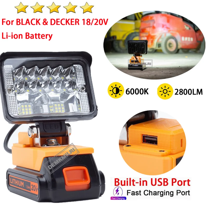 

For Black & Decker 18V/20V Li-ion Battery (2800LM) New Cordless LED Work Light Familiale Camping Outdoor Travel Light