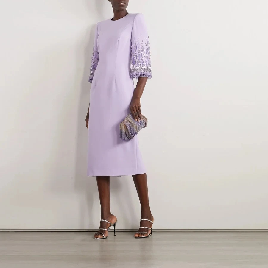 Lila o Hals Abendkleider mit Kristall Quaste Tee gerade Anlässe Kleid световые часы neu 2024ML-144