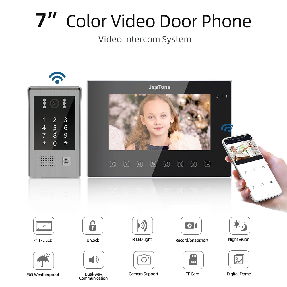 JeaTone 1080P/FHD WiFi Smart Video Door Phone for Home 7 Inch Video Intercom with a RFID Keypad and Tuya Remote Control Function enlarge