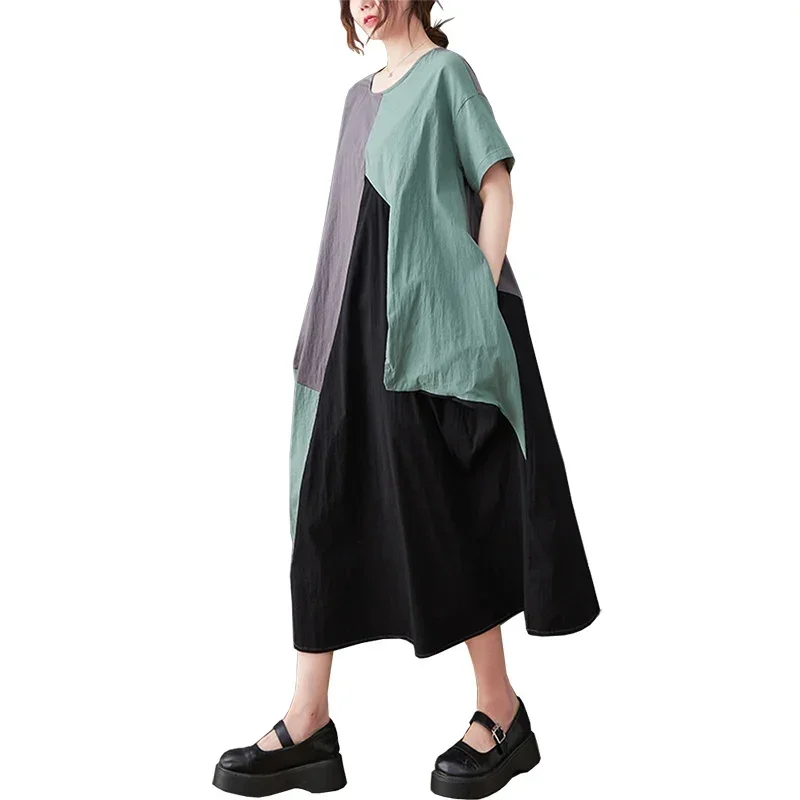 Трехцветное лоскутное платье большого размера из хлопка и льна с круглым вырезом