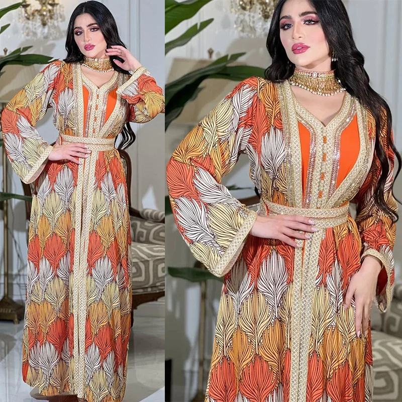 Muslim Fashion Abaya 2023 Summer Spring Muslim Women Long Sleeve V-neck Polyester Orange Long Abaya Muslim Dresses Muslim Sets