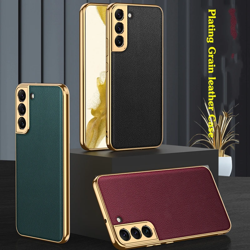 

For Samsung Galaxy S22 Plus Plain Leather Soft Case Electroplate Silicone TPU Frame Shockproof Back Cover for S22 5G