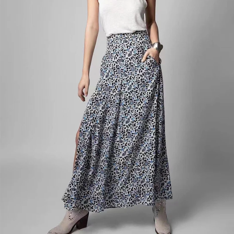 

Женская юбка с цветочным принтом, Повседневная трапециевидная юбка из вискозы с Боковым Разрезом и высокой талией, Жаккардовая юбка в стиле...