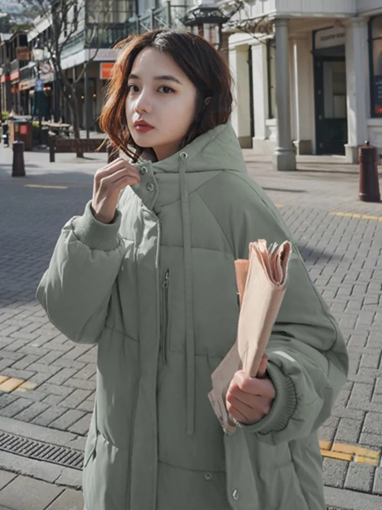Women's Korean  Mid-Length Zipper Down Padded Jacket Winter Thick With Hood Coat Female Fashion Bread Outwear