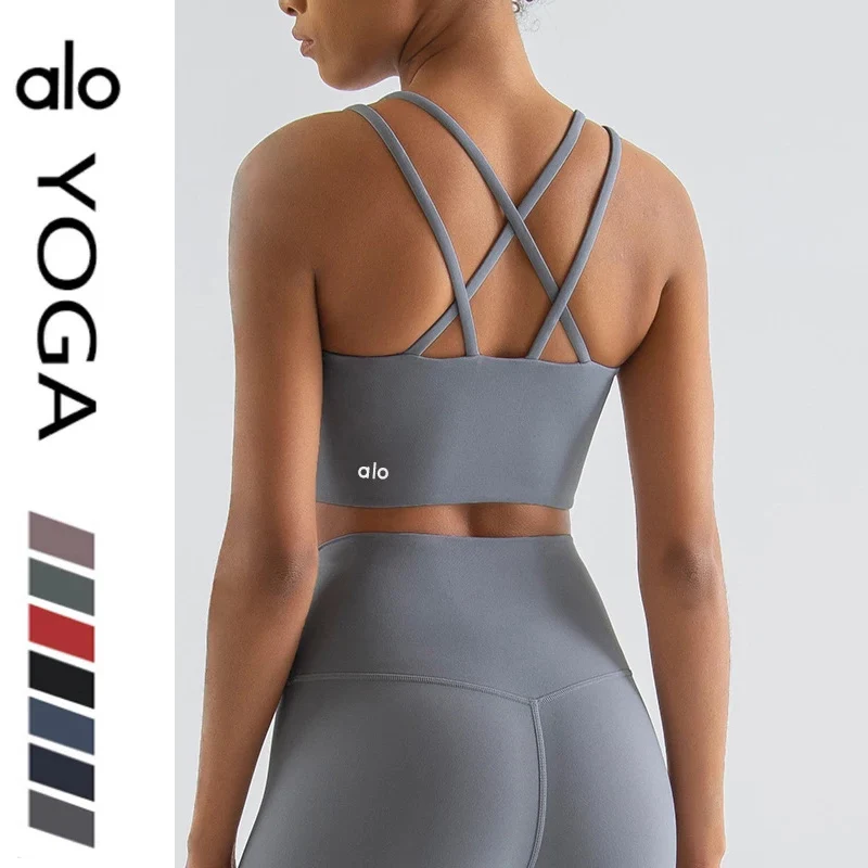 

Спортивный женский бюстгальтер на бретелях Alo Yoga Grey, укороченный топ, нижнее белье для фитнеса, жилет для тренажерного зала, майка для тренир...