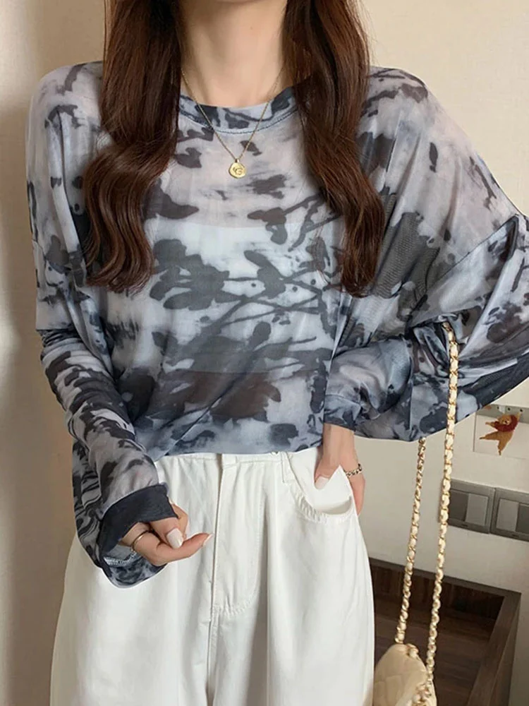 

Hot sale Tie Dye Long Sleeve T-shirts Women Breathable Summer O-neck Design Mesh Sun-proof Loose Tshirts Korean Style All-m2023