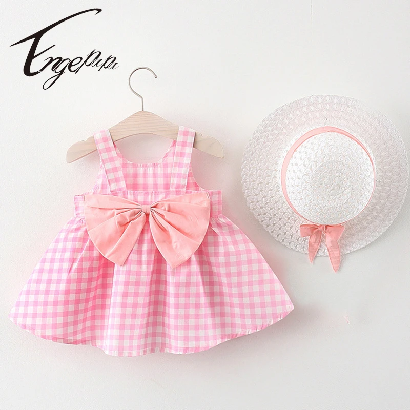 

Summer Korean Baby Girls Toddler Big Bow Grid Dresses For Girls Dresses And Hat Newborn Baby Kids Girls Dress Sleeveless Dress