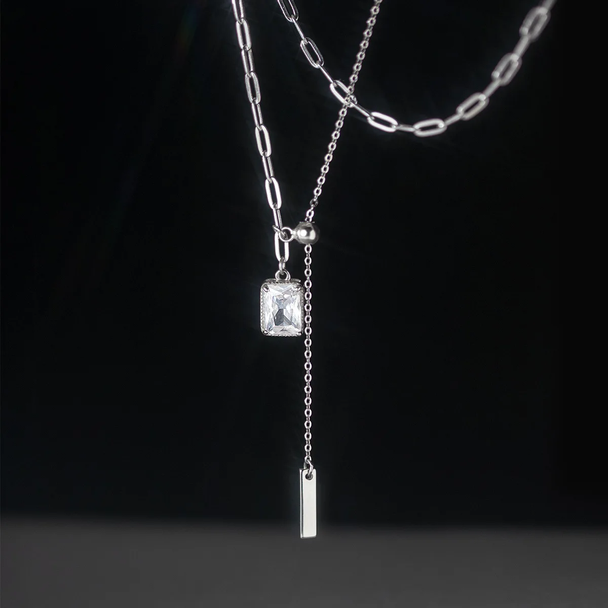 

Genuine 925 Sterling Silver Simple Square Zircon Asymmetric Choker Necklaces Letter Tag Y Chain Necklace Fine Jewelry for Women
