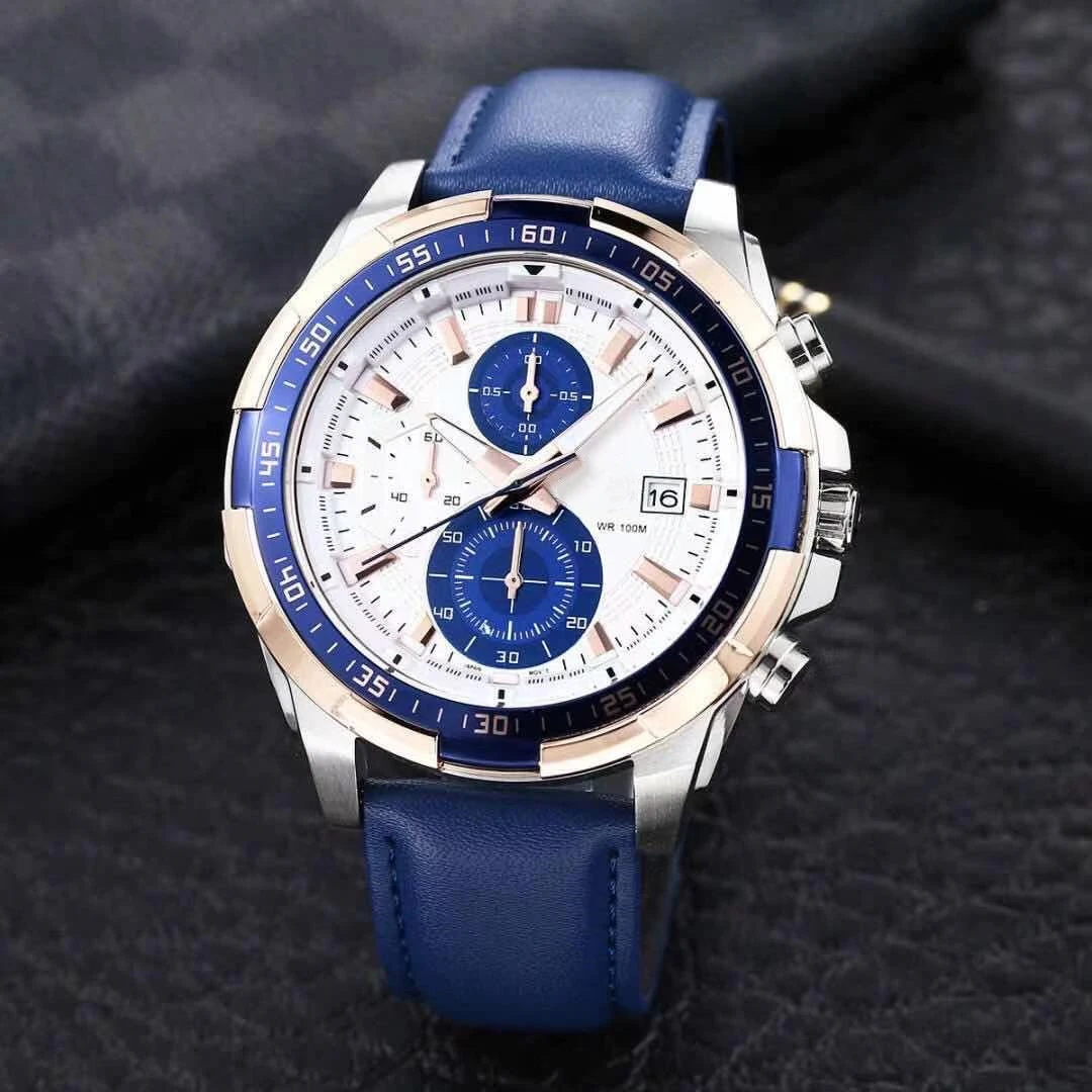 

539 Sport Quartz Calendar Men's Watch waterproof World Time All hands can be operated leather strap EFR Oak Series +BOX