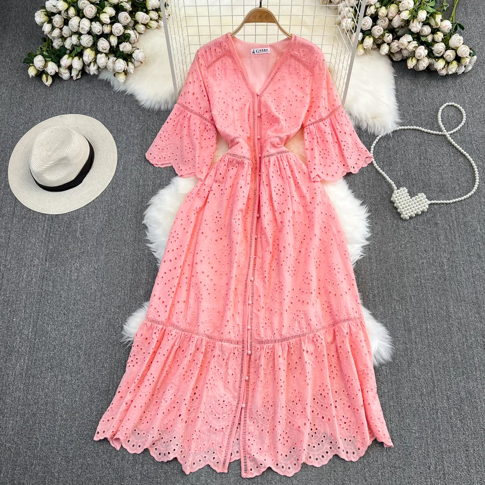 

Retro Solid Button Hollow Elegant Chiffon Dress A-line Flare Sleeve Casual V-neck High Waist Dress Women Summer