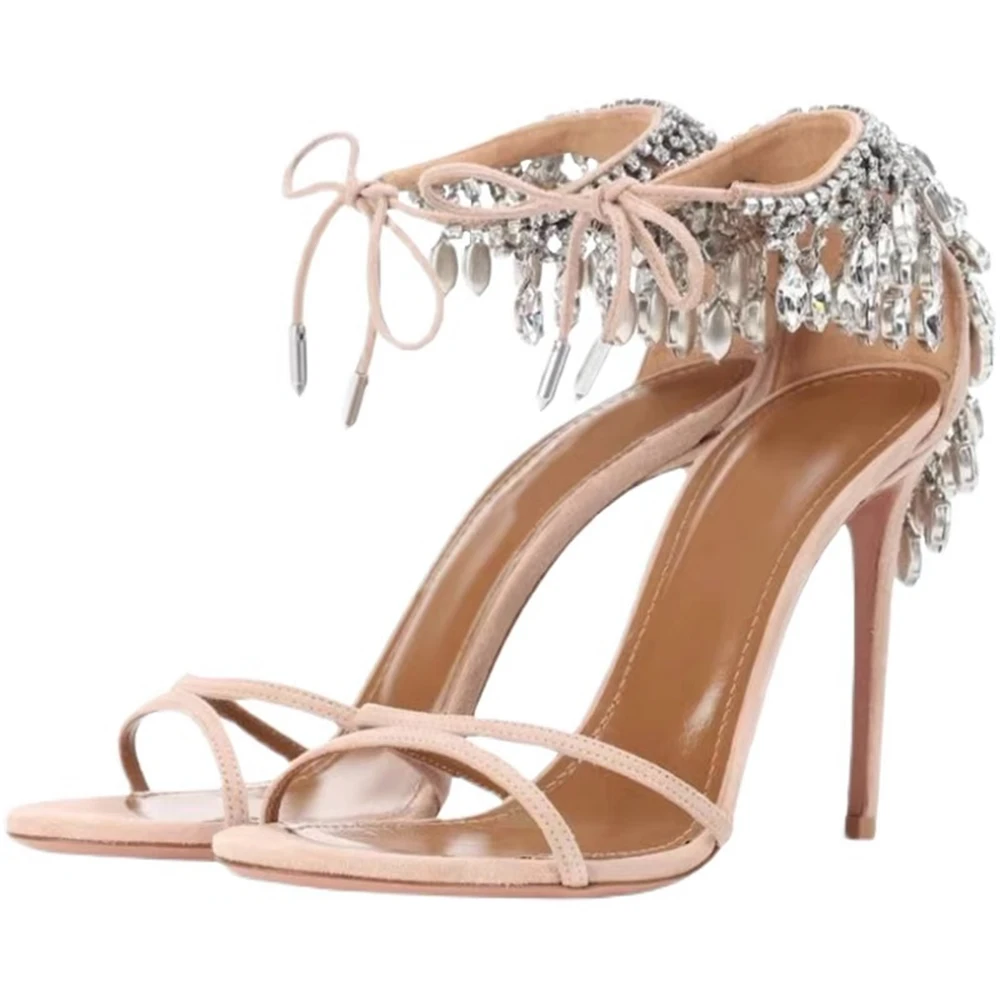 

Lady Sexy String Bead Crystal Sandals Shinning Diamond Chains Tassel High Heels Peep Toe New Lace-up Rhinestone Banquet Shoes