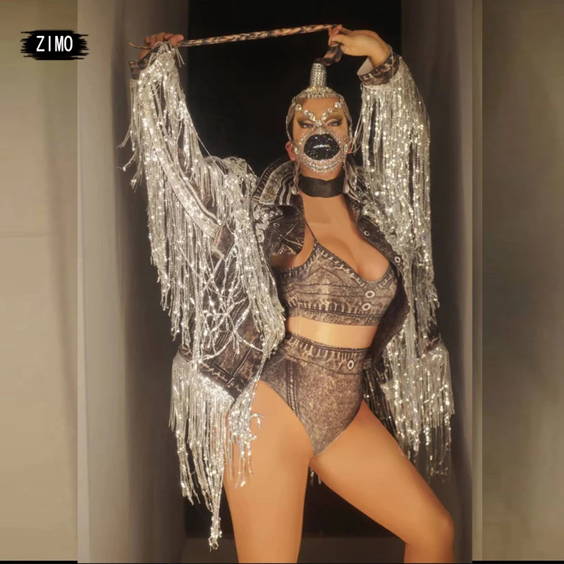 Модное пальто боди с кисточками и блестками сексуальный костюм для ночного клуба