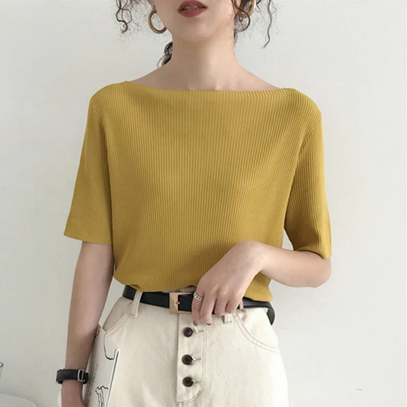 

Off Shoulder Top Women's Clothing Temperament Knitting Half Sleeve Design Minority Summer Ice Silk Short Sleeve T-shirt