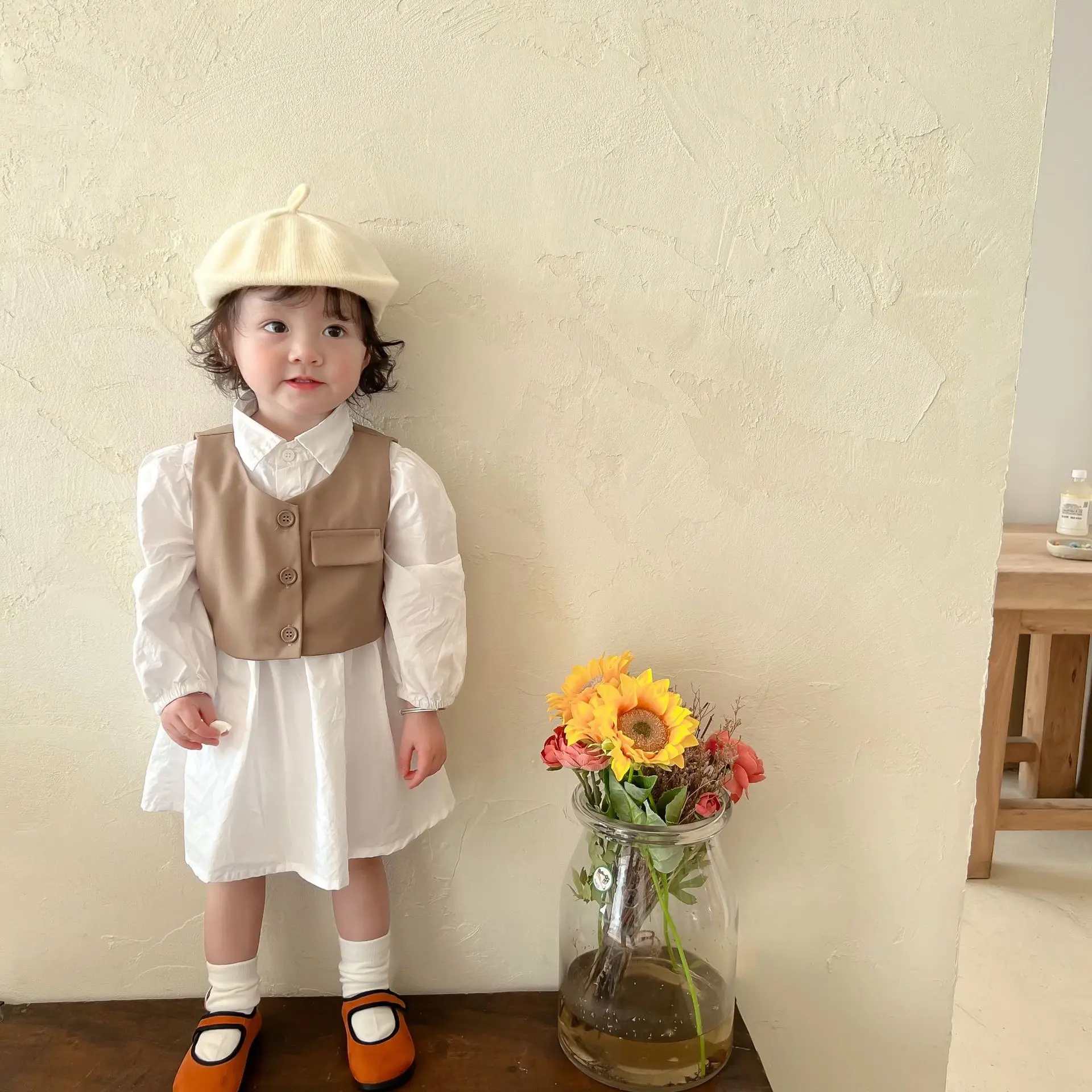 

2022 New Girls Dress Solid Baby Girl Long Sleeve Dress Children Dress Set Girls Dresses + Vest 2pcs Suit Princess Dress Outfits