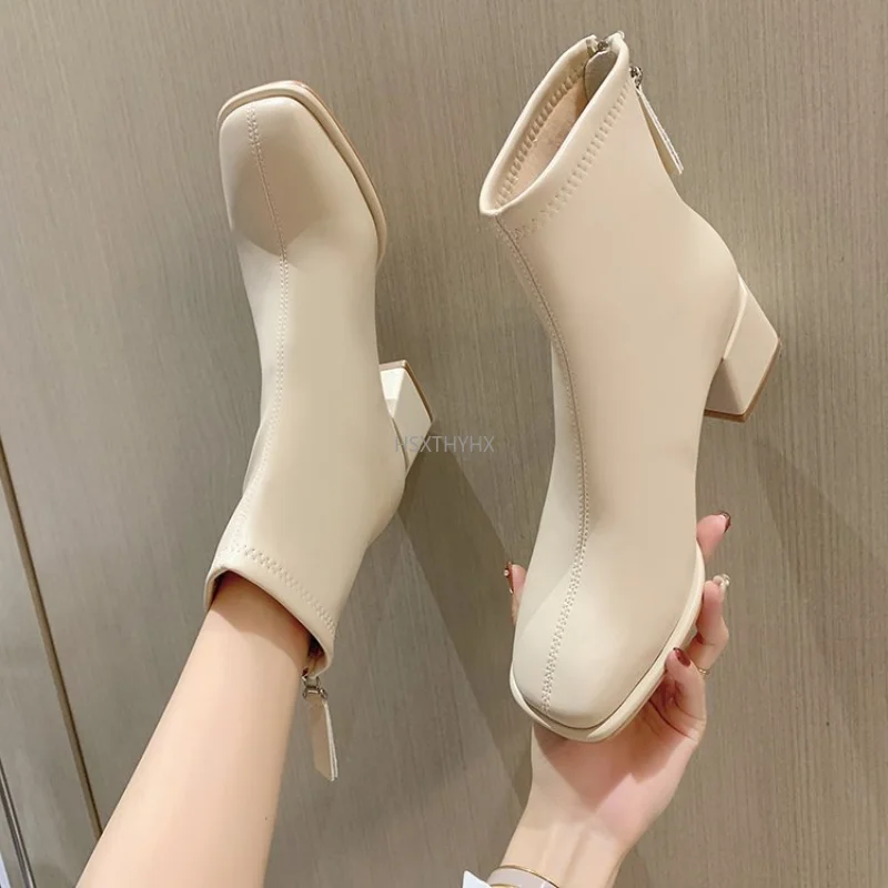 

Коричневые женские короткие ботинки на толстом каблуке, Новинка весна-осень 2023, Зимние ботильоны телесного цвета, ботинки на среднем каблук...