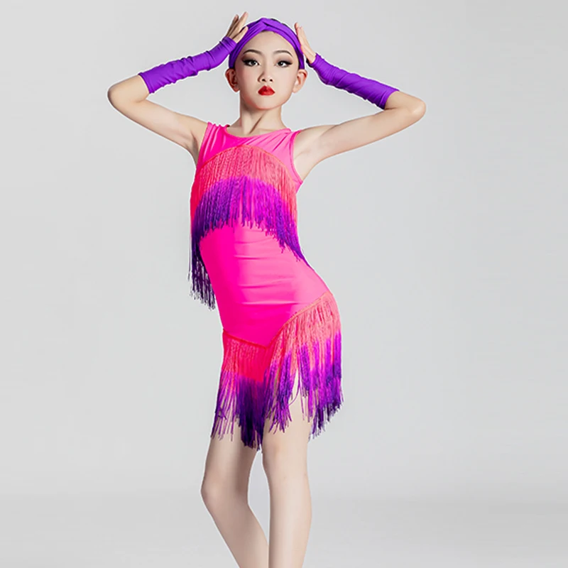 

Kids Gradient Fringed Dress For Girls Latin Dance Dress Children'S Latin Performance Costume Ballroom Tango Chacha Wear SL6269