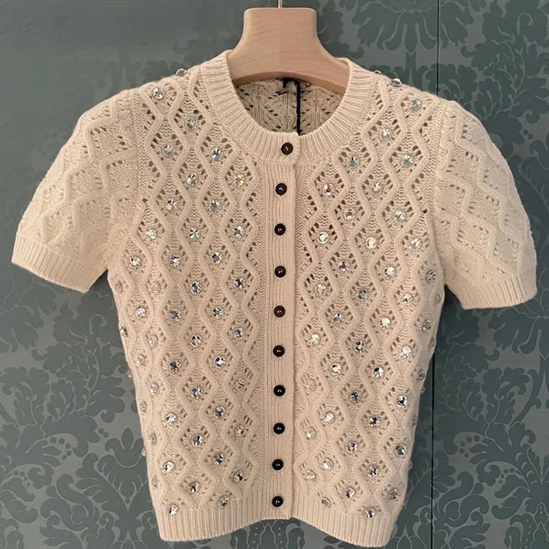 

Кардиган женский классический с коротким рукавом, модный брендовый роскошный дизайн, демисезонный маленький кардиган со стразами, 22