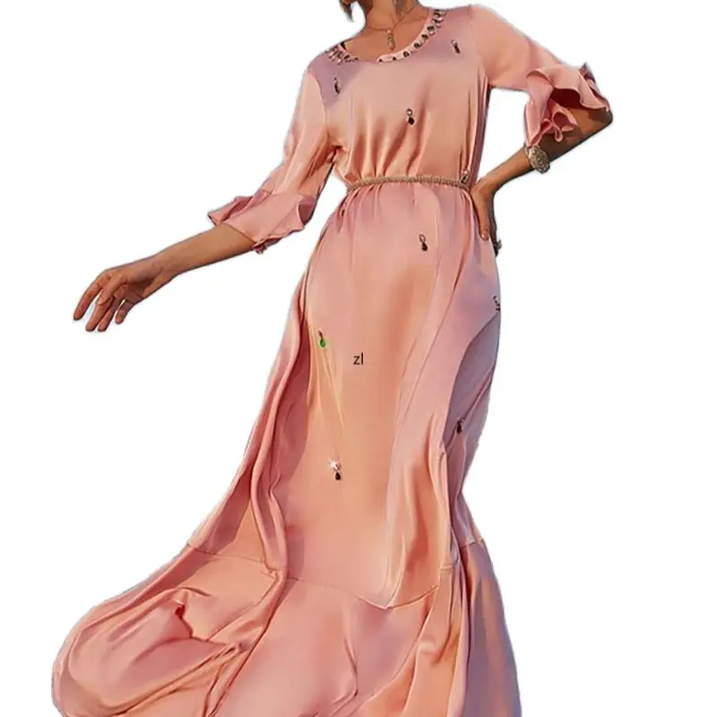 Handsewn Rhinestones Satin Dubai Abaya Long Dress for Women Metallic Belted Muslim African   Moroccan Caftan Evening Gown