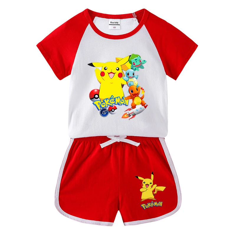 

New Fashion Pikachu Clothes T-Shirt + Pants 2 Pcs Suit Set Cartoon Pokemon Child Clothing Sets Kids Boys Sports Suit for Summer