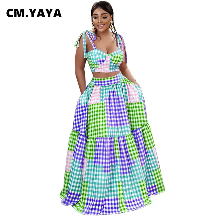 Женский клетчатый костюм Макси CM.YAYA яркая длинная юбка-качели и укороченный топ