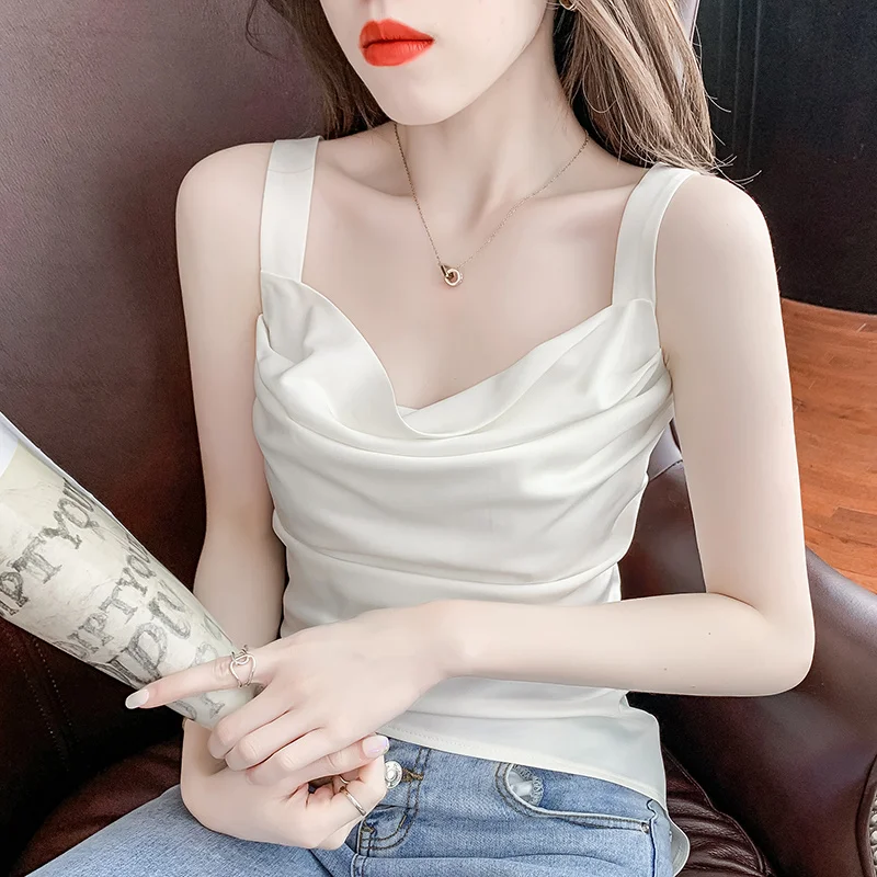 

2022 Summer Silk Women Tops Camis Sexy Halter Top Woman Sleeveless Solid Folds Tank Tops Female V-neck Camisole Basic White Vest