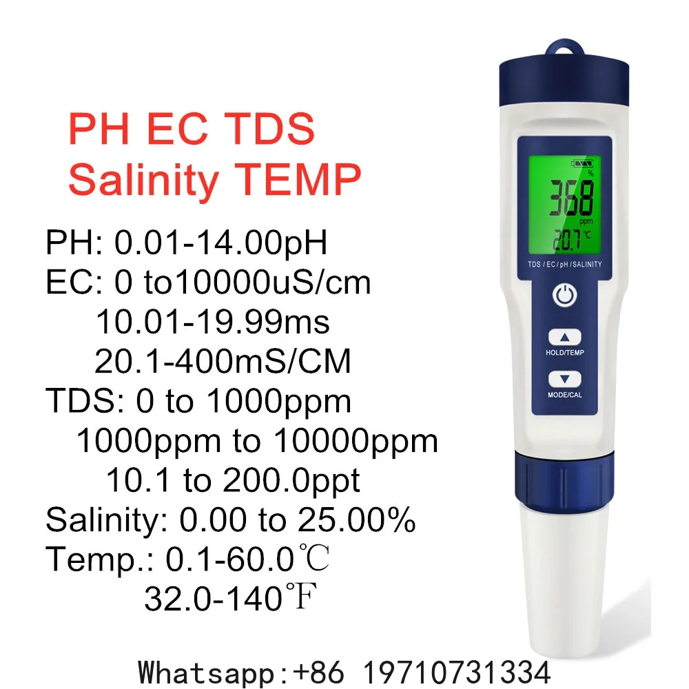 Фото Цифровой измеритель pH 5-в-1: TDS, EC, соленость, температура, проводимость, детектор качества воды и чистоты фильтров №2