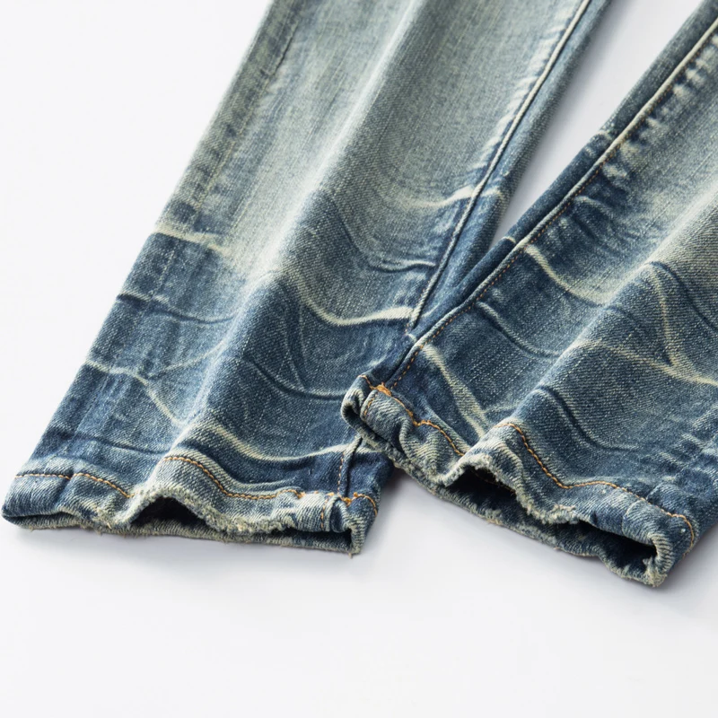 High Street Fashion Men Jeans Retro Washed Elastic Stretch Skinny Ripped Jeans Men Leather Patched Designer Brand Hip Hop Pants