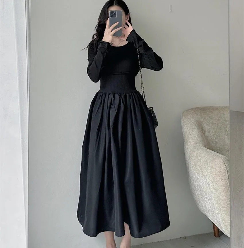 

New Arrival France Vintage Spring Black O Neck Long Dress Chic Fashion Design Women Back Lace Up Bow High Waist Ball Gown Dress