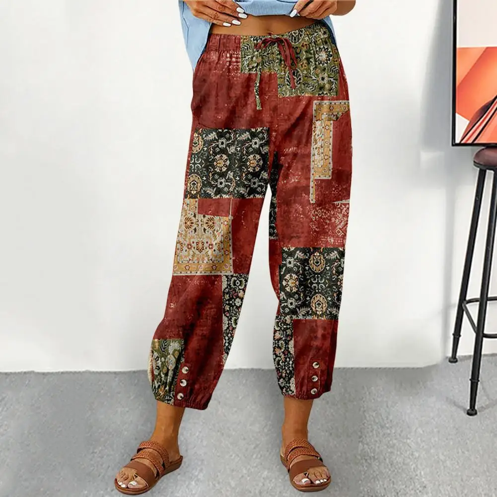 

Брюки женские с завышенной талией, Свободные повседневные штаны с карманами, с поясом на резинке, с принтом в ретро стиле, летняя одежда