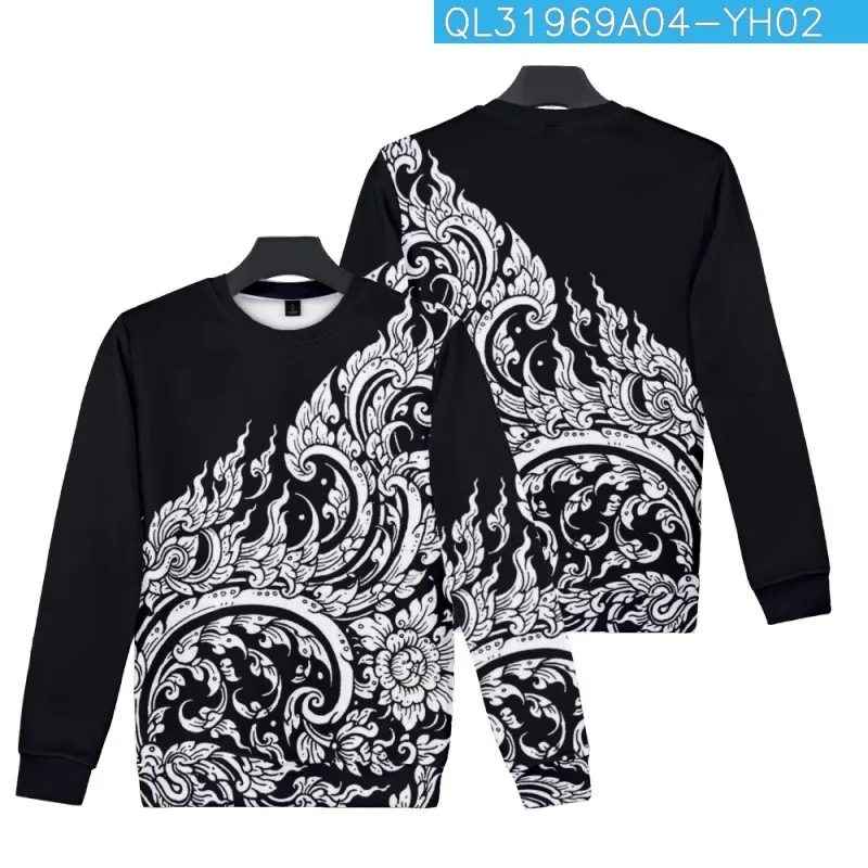 

Spring Autumn Fashion White Flower Printed Black Long Sleeve O-Neck Men Casual Minimalist Sweatshirt Pullover Harajuku Hoodies